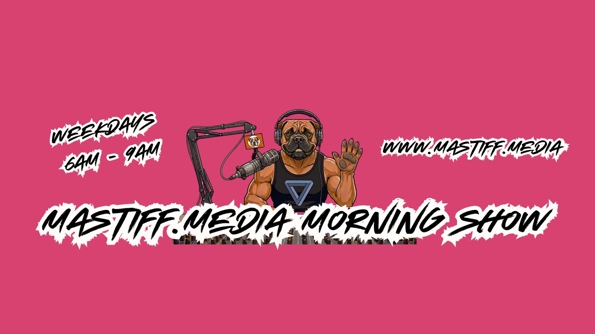 Mastiff wearing headphones at a microphone — Mastiff.Media Morning Show